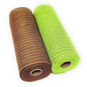 10" Fall Apple Green and Autumn Brown Deco Mesh Ribbons (Set of 2), 30 Feet Long